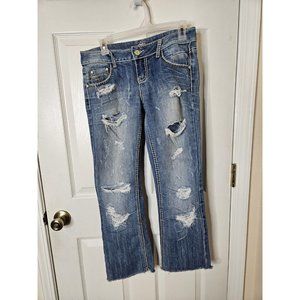 Almost Famous Womens Blue Jeans Juniors Size 7 X 28 Distressed Wide Leg  Holes
